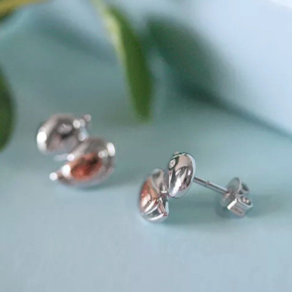 Cute Silver Duck Earrings With Rose Gold Wing And Swarovski Crystal - Picture 8 of 10